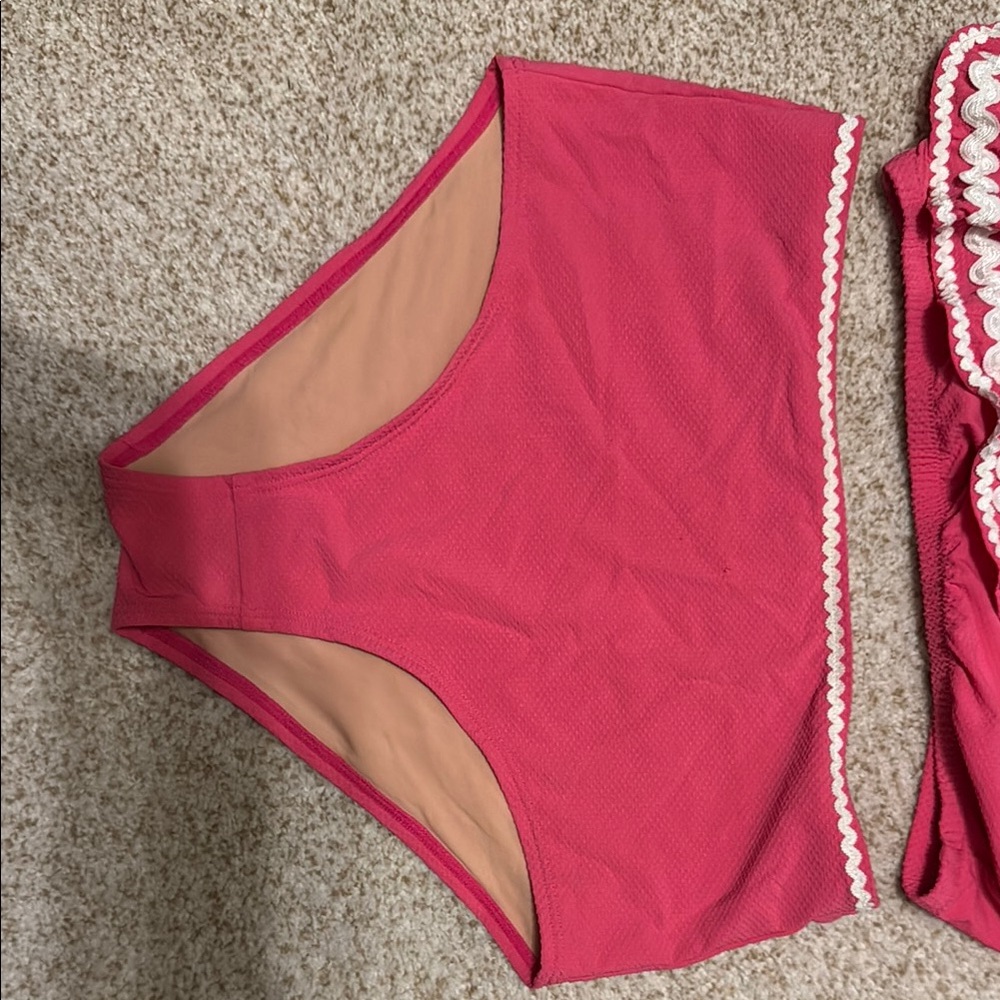 J.Crew Pink One-Shoulder Bikini Set with White Trim - Picture 3 of 5
